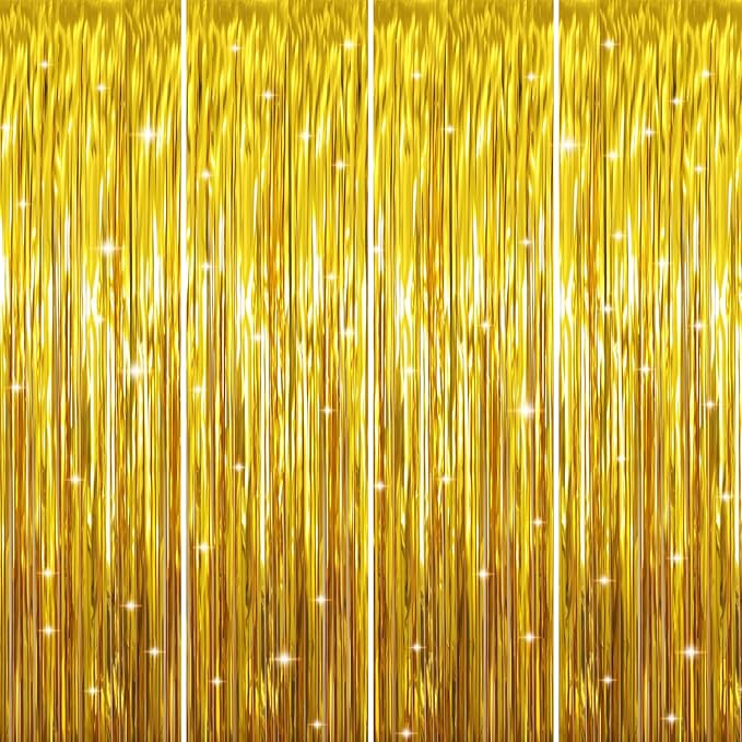 GOER 3.2 ft x 9.8 ft Metallic Tinsel Foil Fringe Curtains Party Photo Backdrop Party Streamers for Birthday,Graduation,New Year Eve Decorations Wedding Decor (4 Packs,Gold)