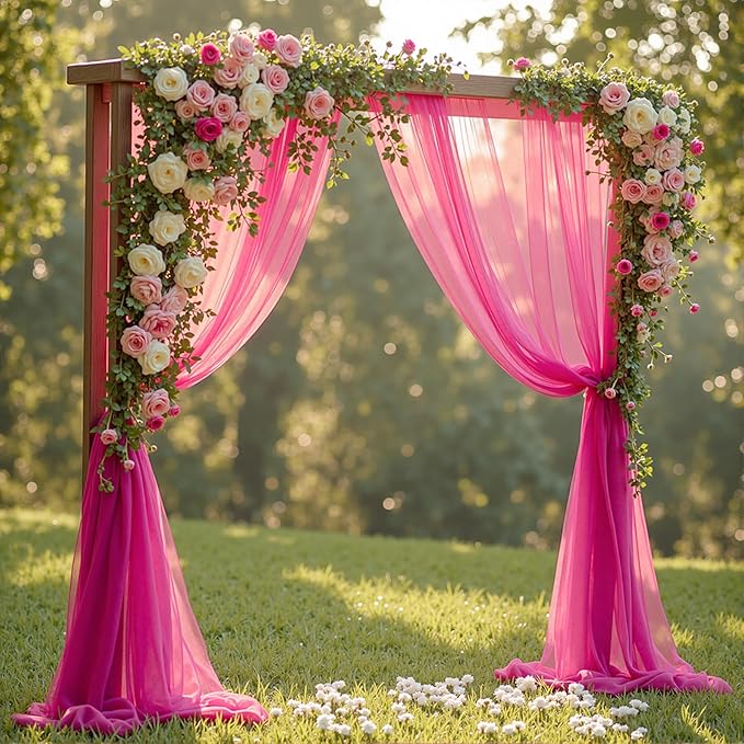 Wedding Arch Draping Fabric,1 Panel 18FT Hot Pink Sheer Chiffon Curtain Drapes 6 Yards for Wedding Ceremony Birthday Party Decoration