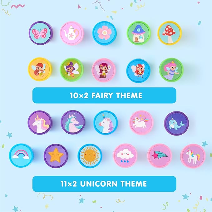 JOYIN 100PCS FairyTale's Stamps for Kids Self-Ink for Party Favor, Teacher Stamps, Kids Treasure Box, Prize for Classroom, Easter Egg Stuffers (50 Designs, Mermaid, Princess, Unicorn Stampers)