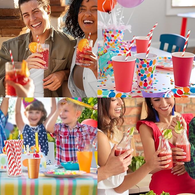 Disposable 7.75 inch Red White Striped Paper Straws Biodegradable 100 Counts - for Drinking, Cocktail, Decoration, Party, Crafts