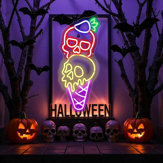 Halloween Ice Cream Skull Neon Sign, Quirky Gothic LED Wall Art,Skull Neon Light Ice Cream Neon Lighht Halloween Decor Wall Halloween Neon Sign Coffee Shop Decor, Christmas Party Bar Drink Shop-Red