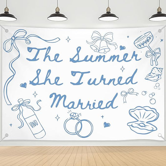 The Summer She Turned Married Backdrop - Beach Wedding Party Decorations - Bridal Shower Bachelorette Party Background Blue