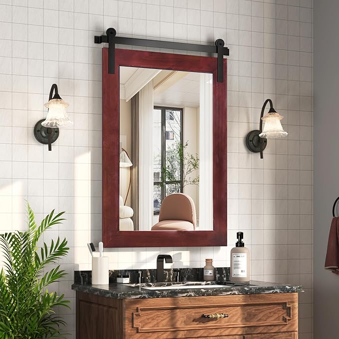 COGOOD Farmhouse Barn Door Mirror - 25 x 38 Rustic Bathroom Mirror for Living Room, Entryway, Vanity Wall Decor (Espresso)