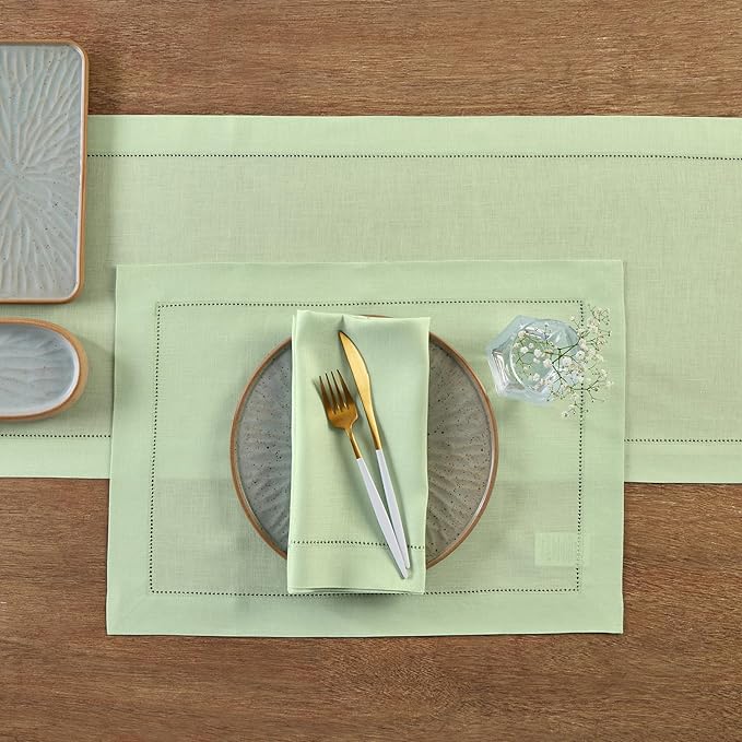 Solino Home Linen Light Green Hemstitch Table Runner 48 Inches - 100% Pure Linen Small Table Runner 14 x 48 Inch Ideal for Dresser and Coffee Tables - Classic Hemstitch