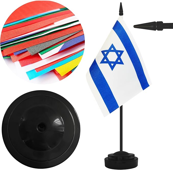 2 Pack Israel Desk Flag Set, Israeli Desktop Small Miniature Table Office Flag with 12" Black Pole and Black Base, Offices, Classroom, Home, Festival Decoration (Israel)