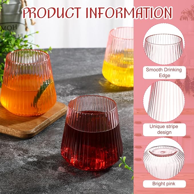 24 Pcs Pink Plastic Wine Glasses Ribbed Disposable Wine Glasses Unbreakable Stemless Champagne Whiskey Cups Ribbed Cocktail Plastic Cups for Wedding Home Office Bar (12 oz,Origami)