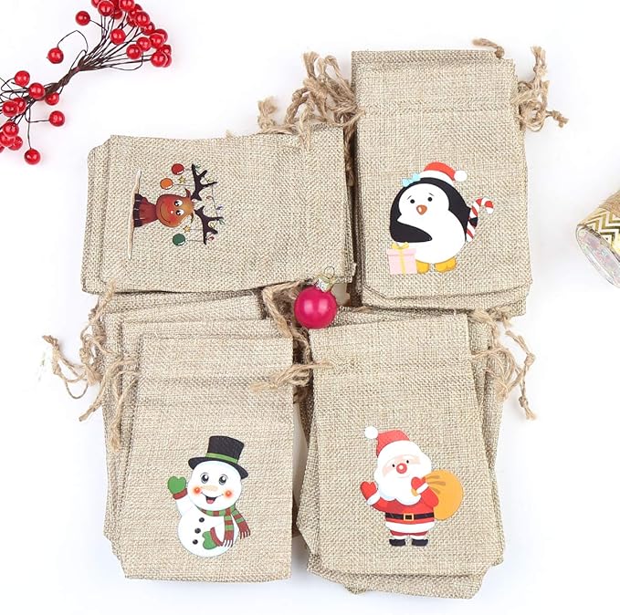 CCINEE 96pcs Christmas Burlap Gift Bags with Drawstrings Candy Goody Treat Bags with Double Jute Drawstrings 4X6 Inch