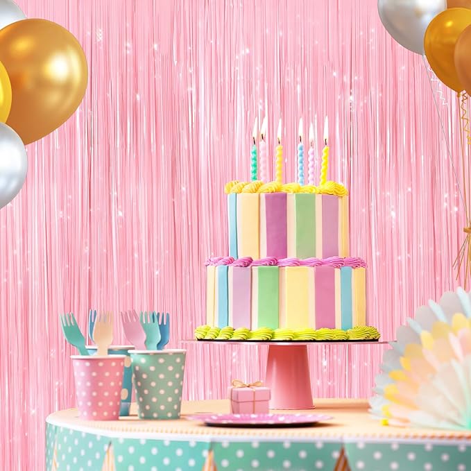 2 Pack Pastel Pink Metallic Tinsel Foil Fringe Curtains, Door Streamers Photo Booth Backdrop for Birthday Party, Tinsel Curtain Backdrop for Baby Shower Bachelorette Christmas Party Decorations