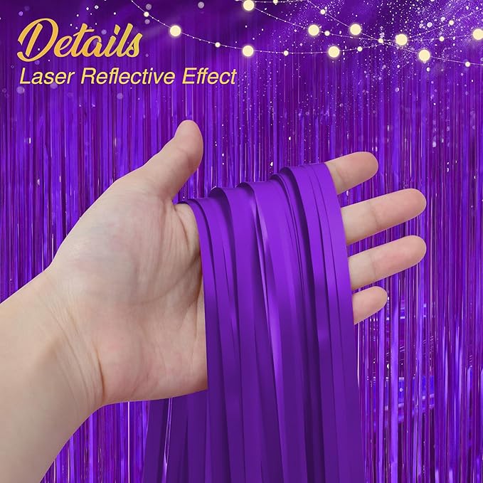 2 Pack Metallic Purple Fringe Backdrop, 3.2x8.2ft Shining Foil Tinsel Curtains, Birthday Party Decorations Door Streamers for Halloween, Christmas, Wedding, Graduation, Holiday, Theme Events
