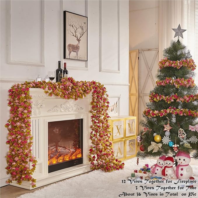 8 Pcs x 8.2 ft Flower Garland Artificial Rose Vine Flowers with Green Leaves Hanging Fake Roses Vine for Room Party Home Wedding Birthday Christmas Wall Arch Decor, Fall Purple Flower