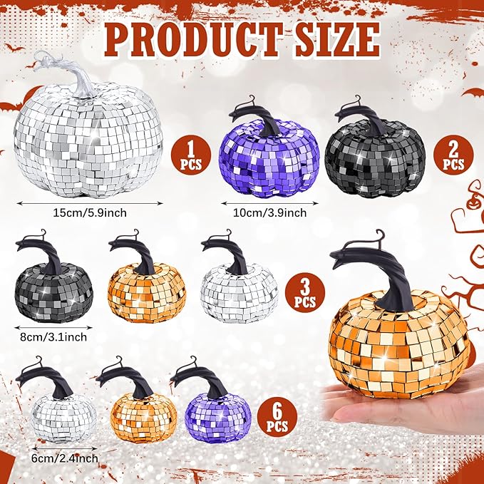 Lenwen 12 Pcs Artificial Disco Pumpkin Glitter Mirror Pumpkin for Decorating Fall Farmhouse Hanging Ornament Harvest Decor for Halloween Thanksgiving Table Centerpiece(Orange, Sliver, Black, Purple)