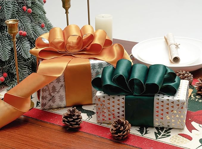 Orange Satin Ribbon Double-Faced Wired Ribbons for Gift Wrapping Flower Bouquet Bows Wedding Invitation Christmas Decor Crafts 2-1/2 Inch 10 Yards