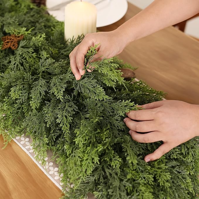 6FT Real Touch Cedar Garland - Artificial Christmas Garland Fake Green Faux Thick and Lush Pine Needles Garlands for Table Fireplace Mantle Holiday Home Indoor Outdoor Decor (1PCS)