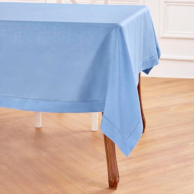 Solino Home Cornflower Blue Linen Tablecloth 60 x 90 Inch - 100% Pure Linen Hemstitch Table Cloth for Rectangle Tables - Classic Hemstitch, Machine Washable Tablecloth for Christmas, Holiday