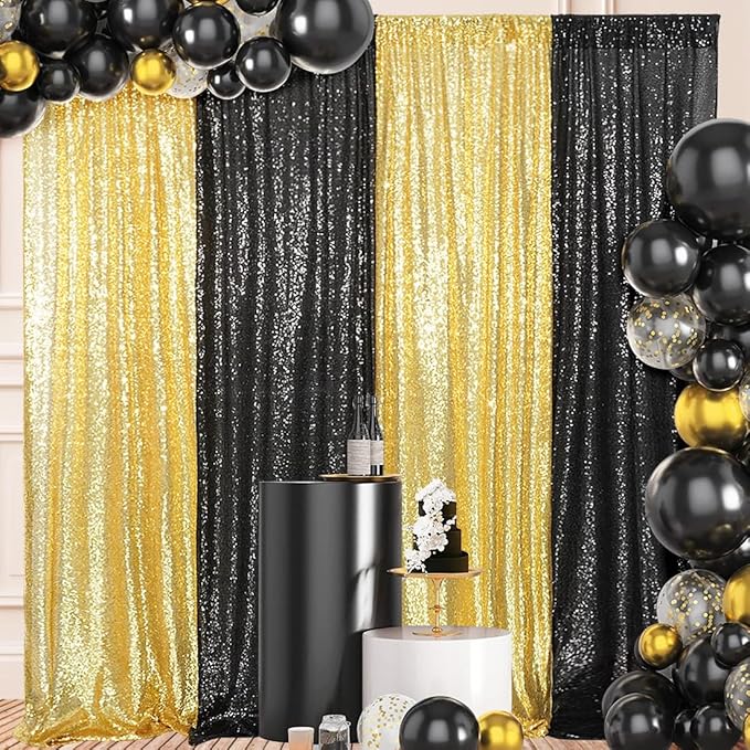 4 Panels Black&Gold Sequin Backdrop Curtain 2FTx8FT Glitter Sequin Backdrop Curtains for Birthday Party Wedding Decoration