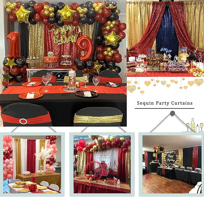 Sequin Backdrop Curtain 4 Panels 2FTx8FT Glitter Background Drapes Sparkle Photography Backdrop for Party Wedding Birthday Wall Decoration (Red× 2 and Gold×2)
