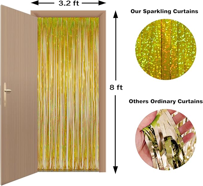 Melsan Gold Foil Curtain, 2 Pack 3.2 ft x 8.2 ft Tinsel Foil Fringe Curtains Backdrop, Sparkle Metallic Foil Fringe Curtains for Class of 2025 Retirement Fathers Day Decorations Photo Booth Props