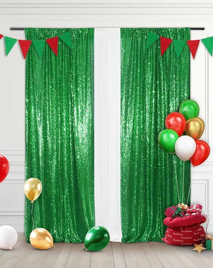 Eternal Beauty 2 PCS Sequin Backdrop Curtain, Sequin Wedding Backdrop for Christmas Party, Birthday (Green 2FTx8FT)