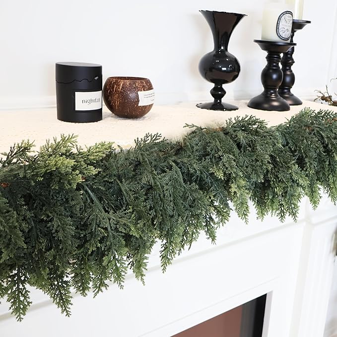9FT 2PCS Artificial Cedar Garland for Christmas Decoration - Realistic Winter Greenery Garland for Mantel, Fireplace, Table, Door, Holiday Indoor Outdoor Decor