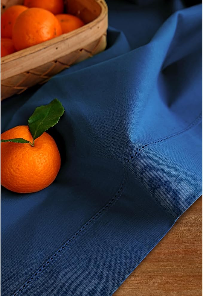 Solino Home Table Runner 108 Inches Long - Cotton Linen Hemstitch Lapis Blue Table Runner 14 x 108 Inch for Fall, Autumn