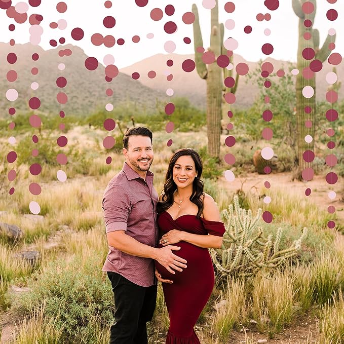 Burgundy Dusty Pink Decorations Circle Dot Garland Maroon Pink Hanging Polka Dot Streamer Banner for Wedding Birthday Bridal Shower Engagement Baby Shower Graduation Anniversary Garnet Party Supplies
