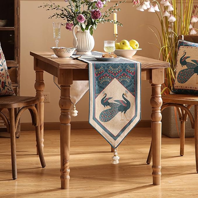 Vintage Blue Peacock Table Runner for Coffee Table,Decorative Linen 71 Inches Long Table Runners,Decor Tabletop for Kitchen,Dining,Tea Party,Home,Christmas,12"*71"