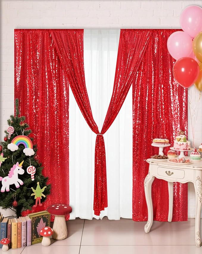 Eternal Beauty Red Sequin Backdrop Curtains, Shimmer Back Drop 4Panels-2FTx8FT for Christmas, Party, Birthday, Photography, Wedding, Baby Shower Event Decoration