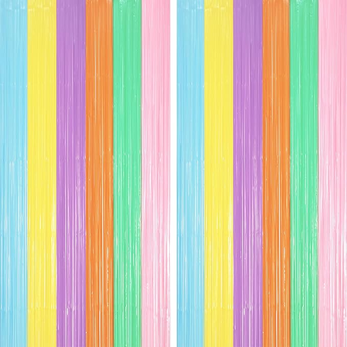 2 Pack Pastel Rainbow Foil Fringe Backdrop Curtains, Tinsel Streamers Party Decorations, Fringe Backdrop, Door Shimmer for Baby Shower or Birthday Party