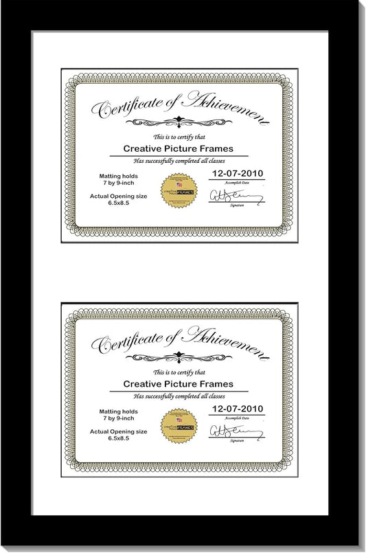 Creative Picture Frames 10X16Bk-W Black Vertical Double Diploma Frame With 2 Opening White Matting | Holds 2-6X8-Inch Documents With Installed Wall Hanger (White Mat-Vertical Black Frame, 7X9)