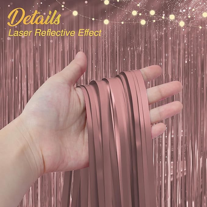 2 Pack Metallic Rose Gold Fringe Backdrop, 3.2x8.2ft Shining Foil Tinsel Curtains, Birthday Party Decorations Door Streamers for Halloween, Christmas, Wedding, Graduation, Holiday, Theme Events