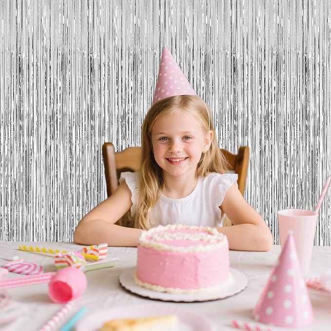 Silver Foil Fringe Backdrop Curtains,2 Pack Tinsel Streamers Birthday Party Decorations,Silver Fringe Backdrop for Birthday,Graduation,Baby Shower,Gender Reveal,Wizard Party,Cocktail,Disco,3.3x6.6ft