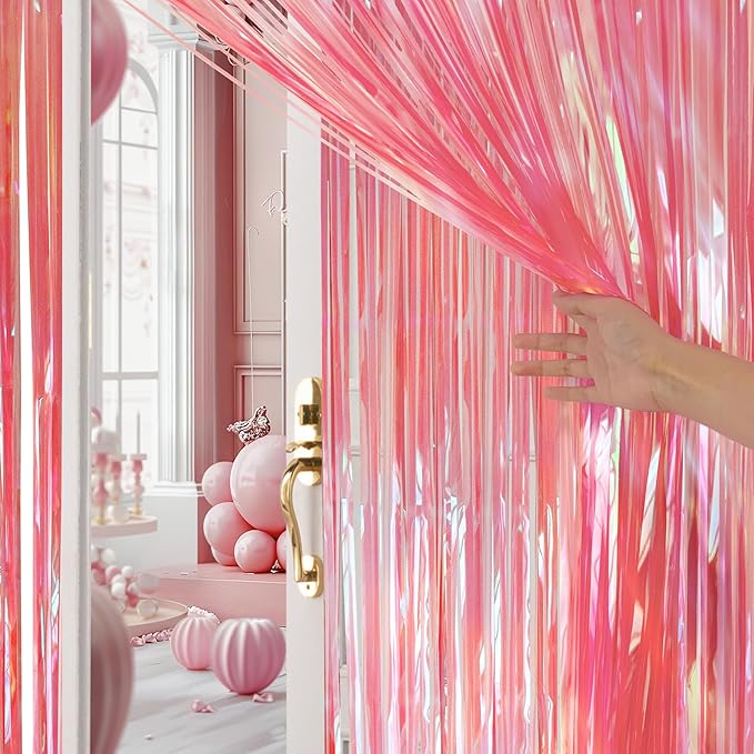 4 Pack Pink & Green Party Streamers Backdrop Curtains, 3.3x8.2ft Holographic Tinsel Foil Curtain Photo Booth Props for Birthday, Wedding, Holiday Celebration, Bachelorette, Theme Decorations
