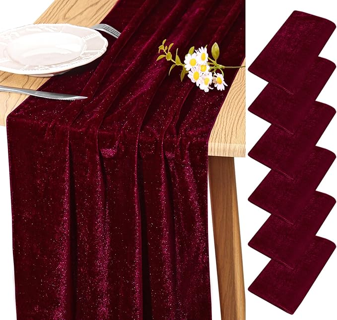 Velvet Table Runner 20 x 120 Inches 10ft Luxurious Thick Soft Velvet Christmas Thanksgiving Wedding Reception Table Runner for Party Reception Decorations(Burgundy, 6 Pack)
