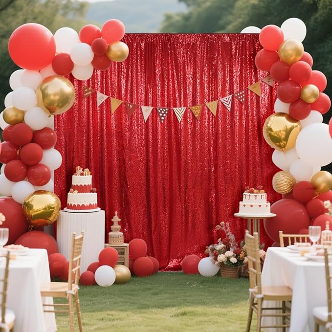 SquarePie Sequin Backdrop Curtain Not See Through Thick Glitter Background for Party 8FT x 8FT Red