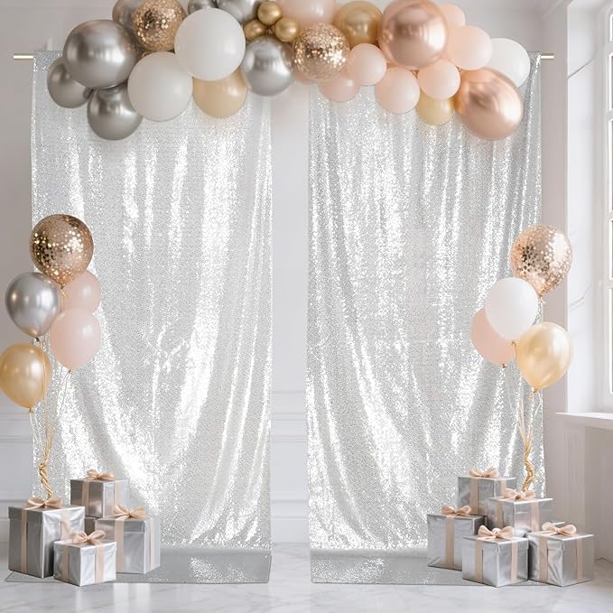 SquarePie Sequin Backdrop Curtain 8FT x 10FT Silver Satin Backing Fabric Photography Background for Wedding Patry 4FT x 10FT 2 Panels