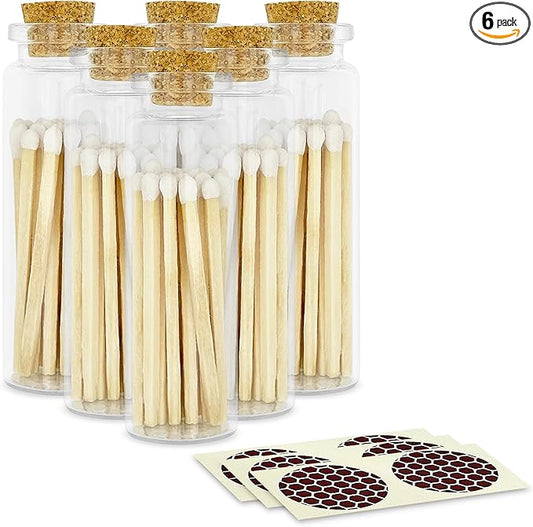 2" Classic White Tip Safety Matches | 6 Glass Bottles Each with Cork Top, Striker & 20 Matchsticks by Thankful Greetings (120+ Total) | Decorative Unique & Fun Artisan Set for Home, Gifts, & Events