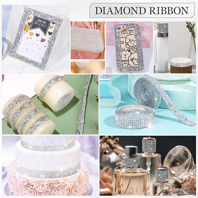 Rhinestone Ribbon 3 Yards Self Adhesive Rhinestone Strips Diamond Ribbon Sticker Crystal Roll Glitter Bling Rhinestones Tape for Crafting DIY Art Decoration (Silver AB,0.6 Inch)