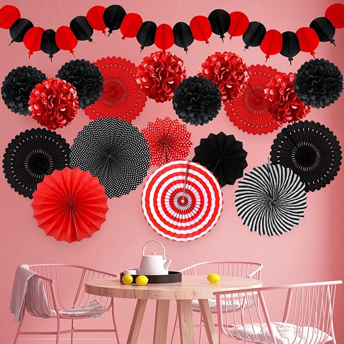 Red and Black Party Decorations, Papar Fans Pompoms Fans Garlands for Birthday Wedding Graduation Game Night Boy Girl Party Decorations