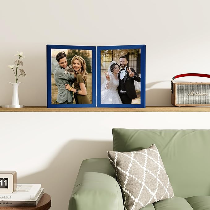 decorUhome Double 8x10 Picture Frame Vertical, Engineered Wood Bifold Photo Frame with Plexiglass for Tabletop Display, 8x10, Royal Blue