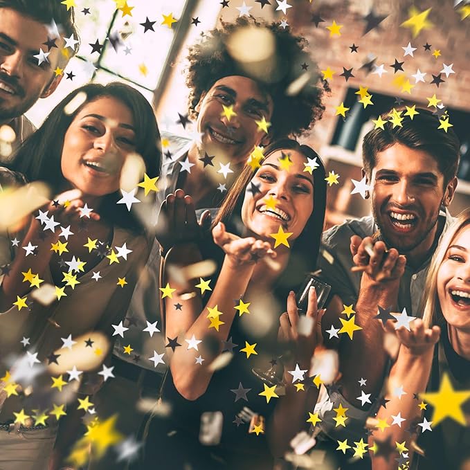 Hestya 60g Star Confetti Glitter Table Confetti Metallic Foil Stars for Party Wedding Festival Decorations(Silver Gold Black,10mm and 6mm)