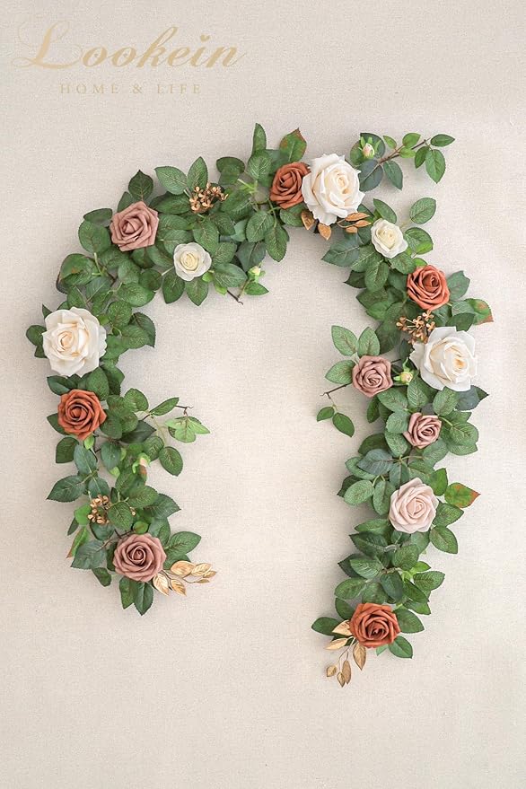 Lookein 5FT Artificial Rose Flower Garland for Table Centerpieces Backdrop Arch Flowers Decorations Wedding Ceremony Reception Table Decor, Terracotta