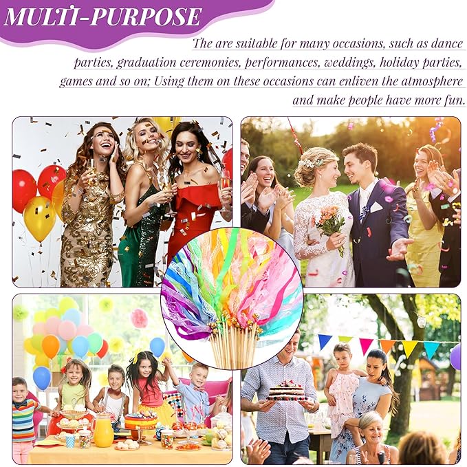 40 Pieces Ribbon Wedding Streamers with Bells, Lace Fairy Stick Wand Party Streamers Chromatic Silk Streamers for Party, Birthday and Holiday