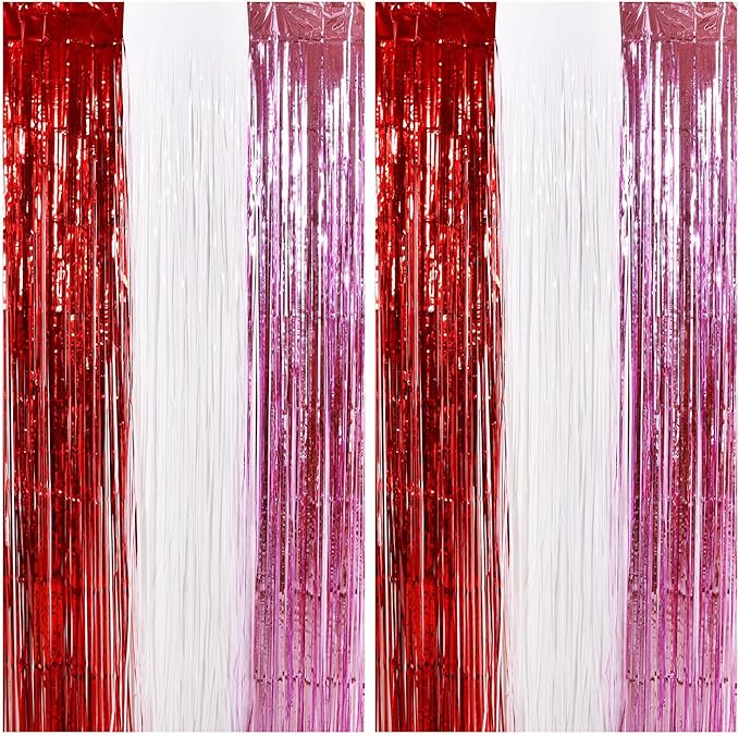 TONIFUL Valentine's Day Door Streamers,Red Pink and White Photo Booth Backdrop Metallic Streamers Foil Fringe Curtain for Birthday Valentine's Day Bridal Shower Engagement Party Decoration