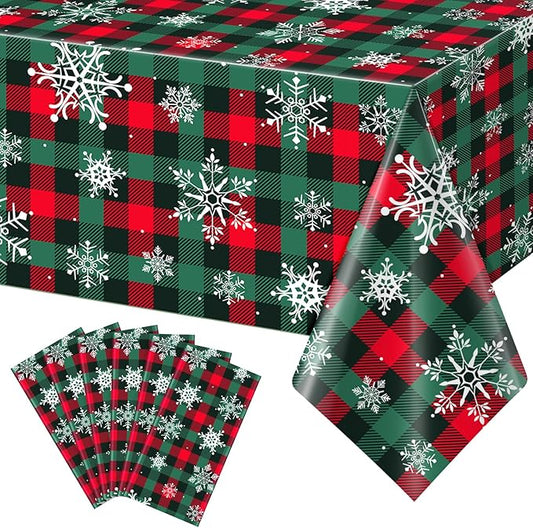 6Pcs Christmas Buffalo Plaid Snowflake Party Tablecloths Decorations,Plastic Red and Green Checkered Rectangle Table Cover for Winter Christmas New Year Birthday Holiday Party Decorations,54x108 inch