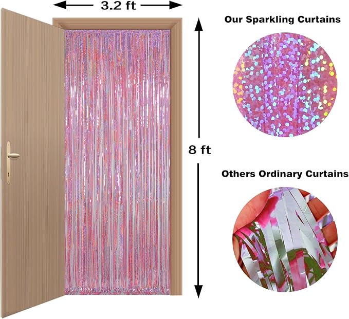 Melsan Pink Tinsel Curtains Backdrop, 3.2 ft x 8.2 ft Sparkle Metallic Foil Curtains for Unicorn Mermaid Princess Party Photo Background Decoration, 2 Pack