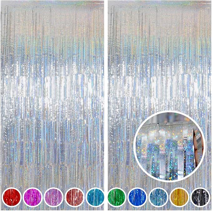 Melsan Foil Curtain, 2 Pack 3.2 ft x 8.2 ft Silver Tinsel Foil Fringe Curtains Backdrop, Sparkle Metallic Foil Curtains for Independence Disco Bachelorette Party Decorations, Silver Tinsel Backdrop