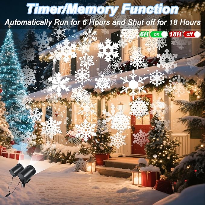 Snowflake Projector Christmas Lights Outdoor, Timer Double Head Projector Snowflake Light Waterproof, LED Rotating Snowfall Lamp for Holiday Party Yard Garden Indoor Christmas Decoration