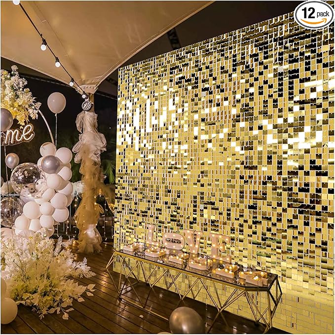 Kate Square Light Gold Sequin Wall Panels Shimmer Wall Birthday Party Backdrop Decorations (Pack of 12)