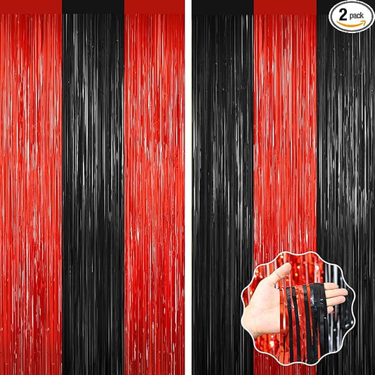 2Pack Black Red Backdrop Curtains Party Decor, Door Streamers Photo Booth Backdrop Metallic Party Streamer Tinsel Foil Fringe Curtains Backdrop Halloween Baby Shower Bachelorette Xmas Party Decors