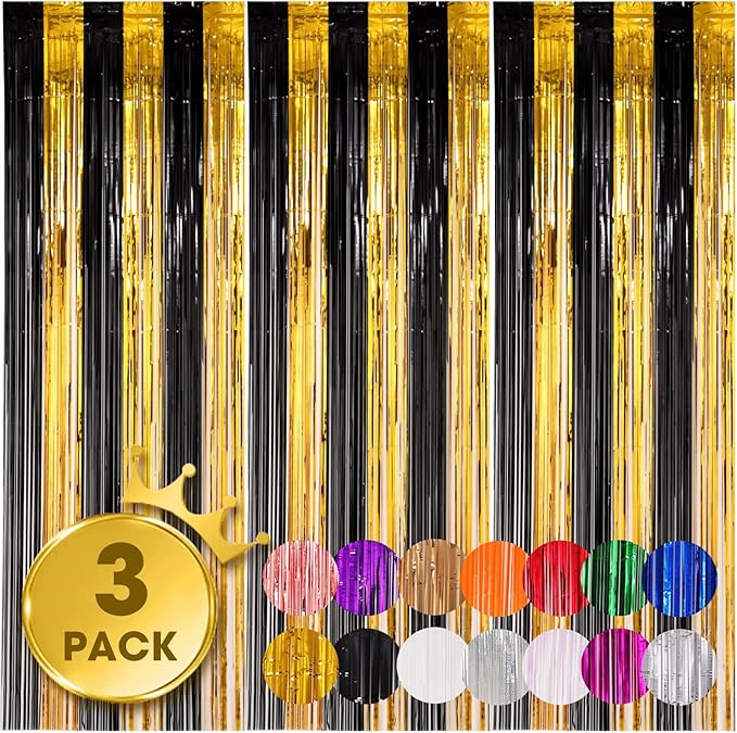 3 Pack 3.3x8.2 Feet Black and Gold Foil Fringe Backdrop Curtains, Tinsel Streamers Birthday Party Decorations, Fringe Backdrop for Graduation, Baby Shower, Gender Reveal, Disco Party